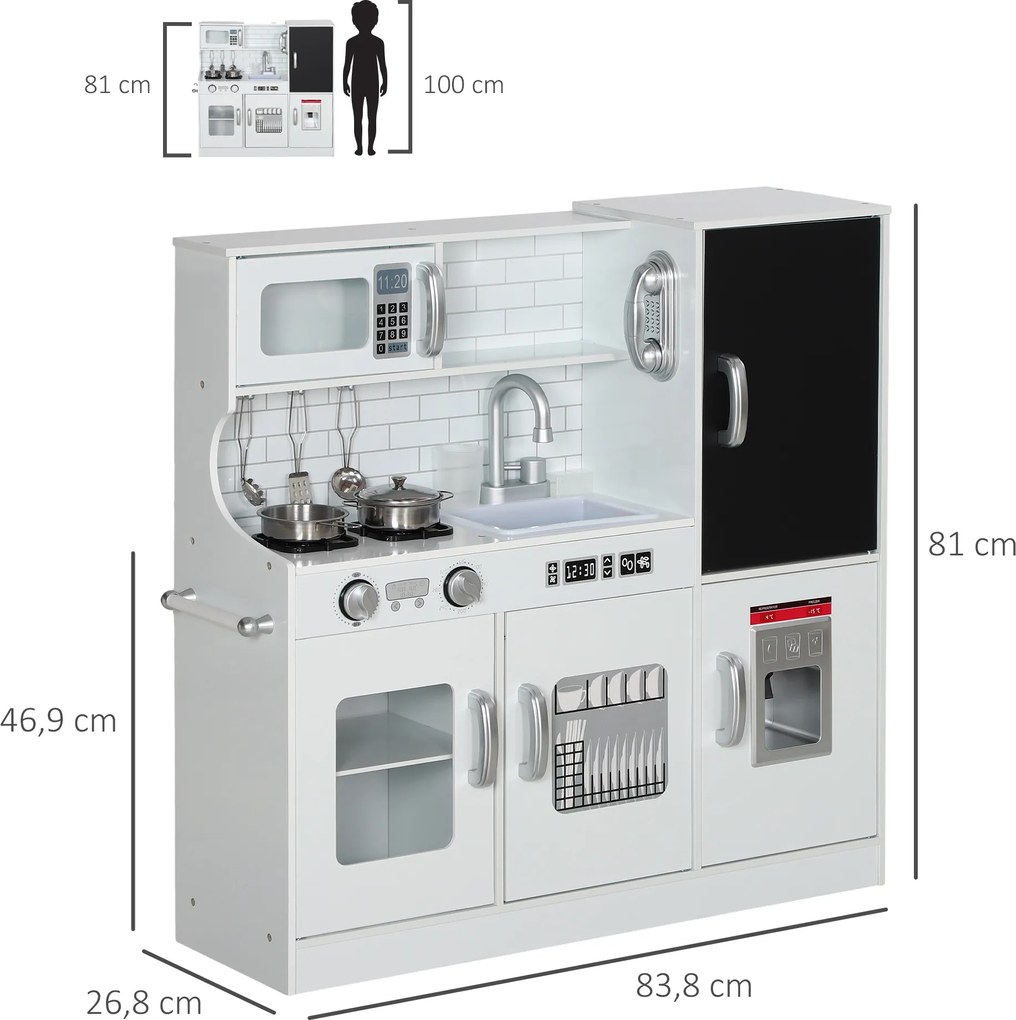AIYAPLAY Kuchnia dla dzieci, zestaw do zabawy z telefonem, tablicą kredową, mikrofalówką, kuchenką, zlewem, akcesoriami, maszyną do lodu, 3-8 lat, Biała