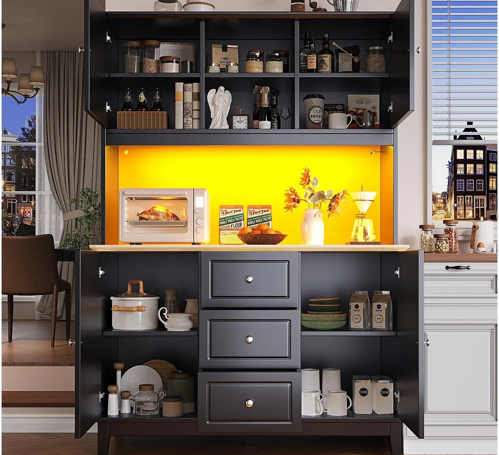Buffet kuchenny 120x40x180 cm - 4 drzwi + 3 szuflady - wysoki mebel - z oświetleniem LED - Styl nowoczesny - Czarny