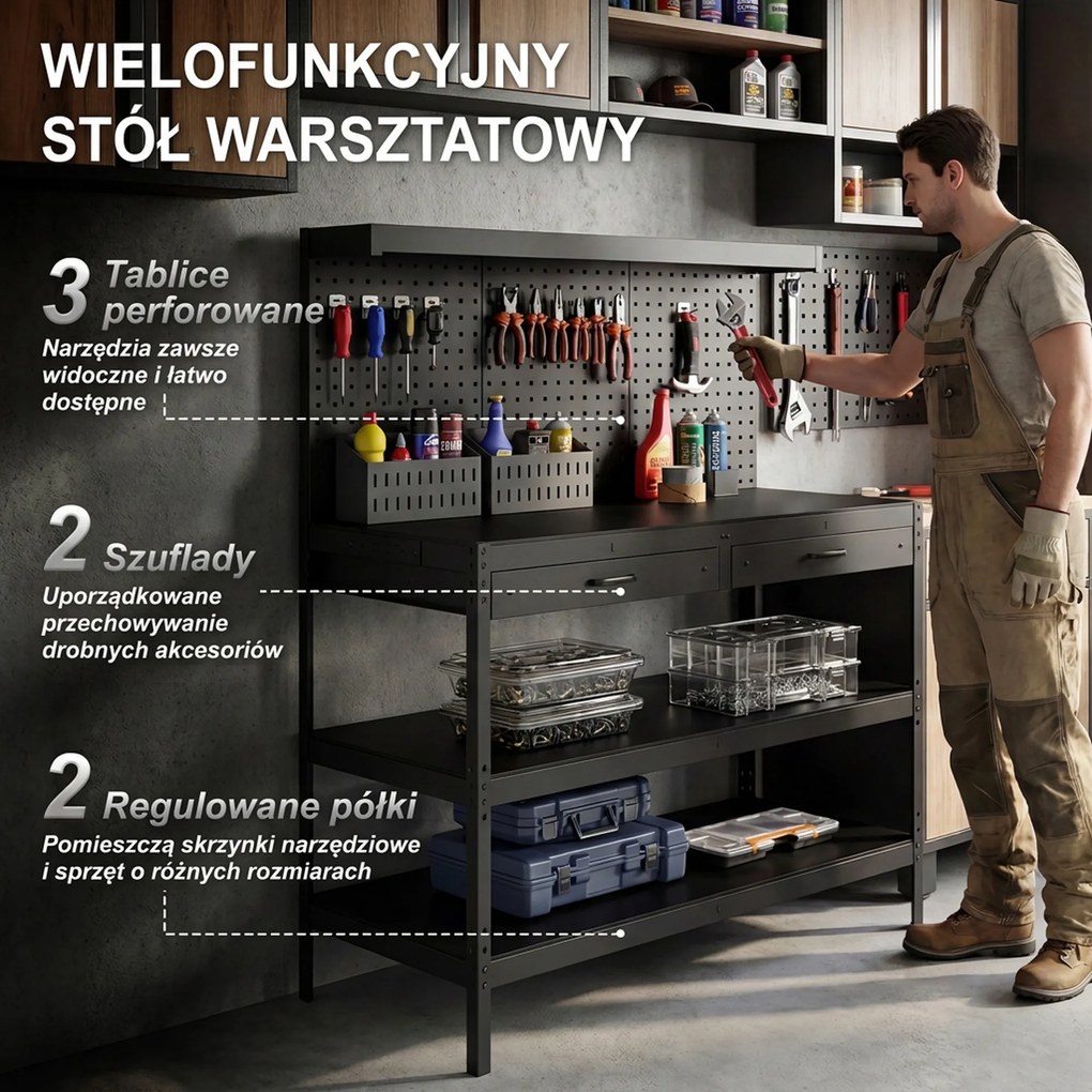 HOMCOM Stacja robocza z regulowanymi półkami, solidna stacja robocza z perforowaną płytą i 2 szufladami, 122 x 61 x 156 cm, Czarna | Aosom PL