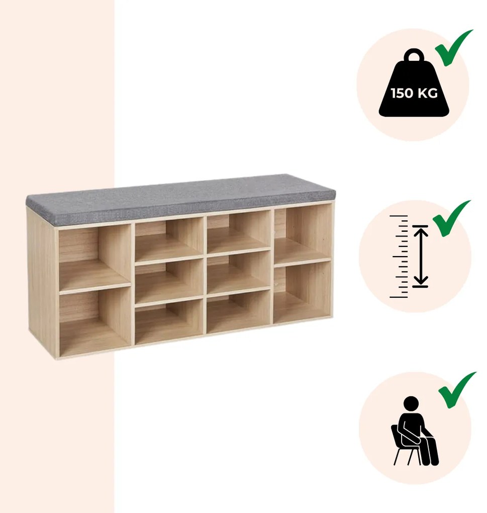 Szafka na buty z tapicerowaną ławką GABI, 10 przegródek, 104x30x48cm, szary/jasnobrązowy Jurhan