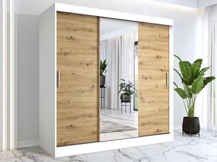 Szafa przesuwna  biały + dąb artisan 200 cm - Massi 6X