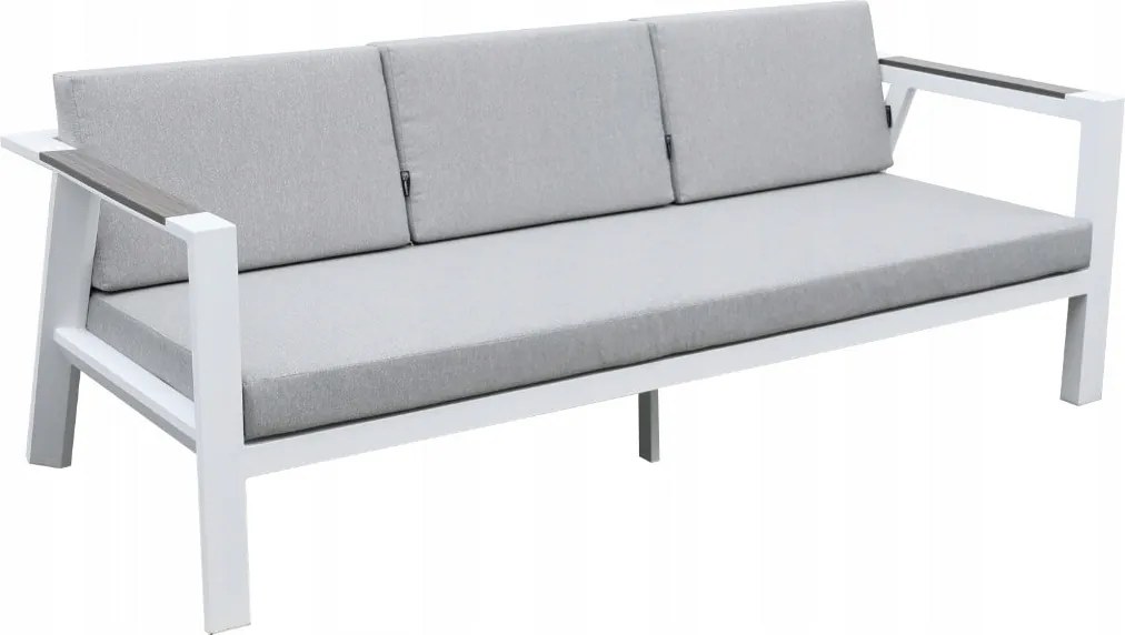 Zestaw mebli ogrodowych biały aluminium sofa fotele stolik drewniane detale