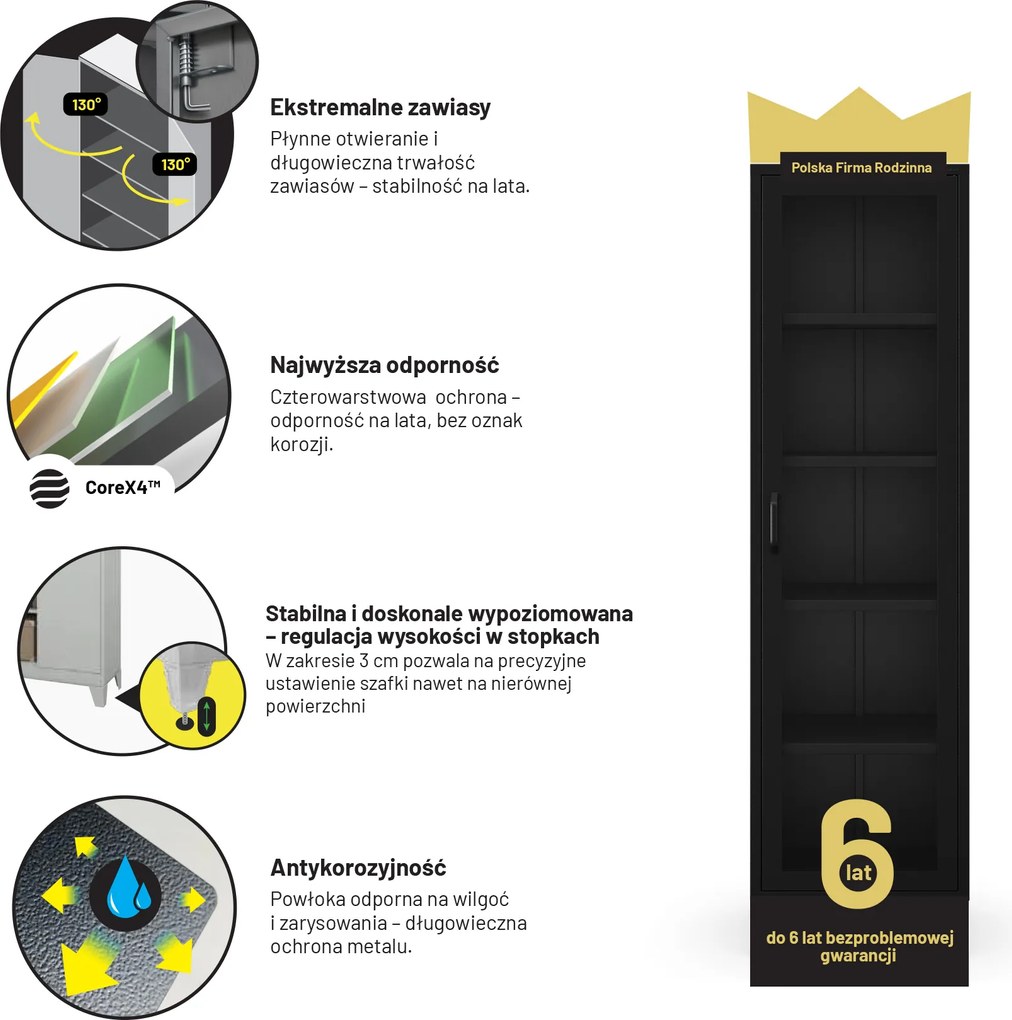 Witryna szklana do salonu wąska metalowa czarna LUIGI Modern 500 x 1800 x 350 mm