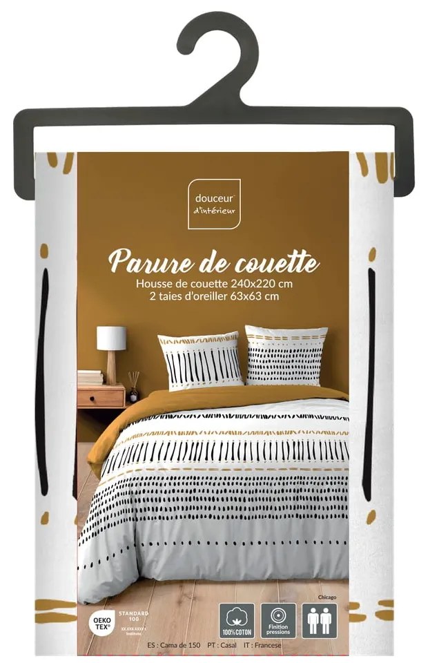 Musztardowo-biała bawełniana pościel dwuosobowa 240x220 cm Chicago – douceur d'intérieur