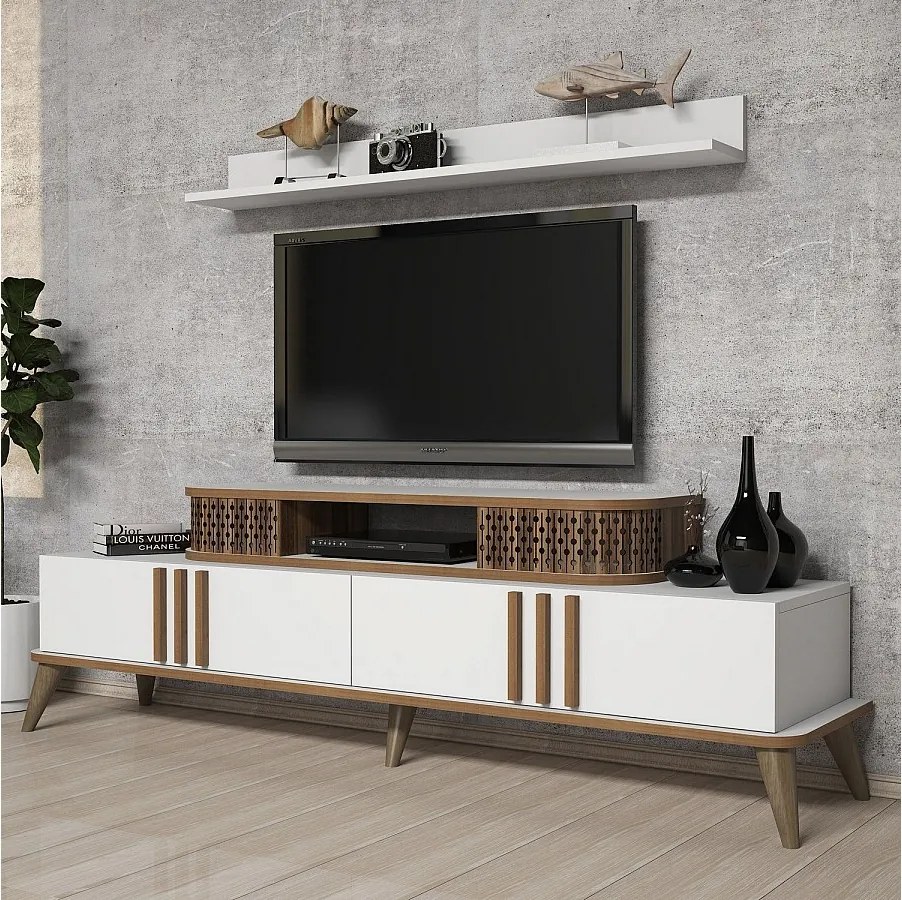 Nowoczesny stolik pod TV – 168 cm – biały – pokryty 100% melaminą