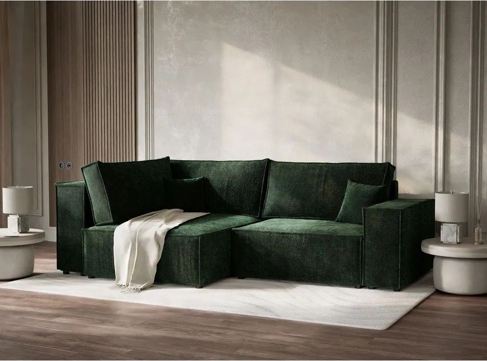 Ciemnozielony rozkładany narożnik ze schowkiem z tkaniny szenilowej (lewostronny/w kształcie litery L) Tonga – Maison de Rêve