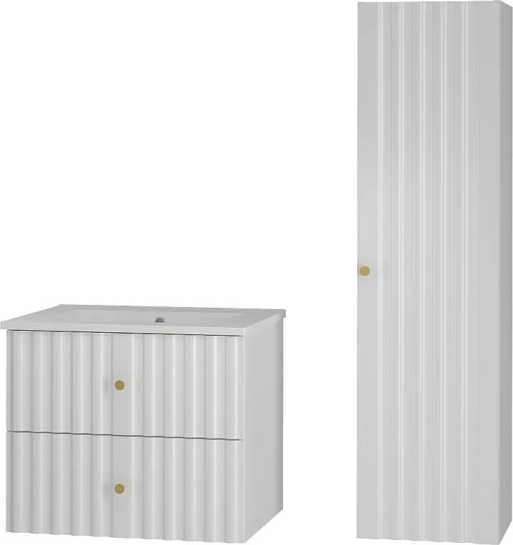 Biały Zestaw Łazienkowy 60cm Szafka z Umywalką Słupek Ryflowane Fronty Aqua