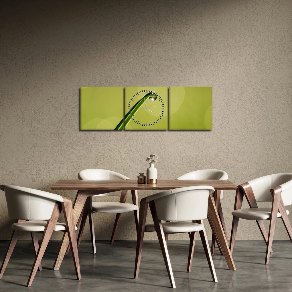 Obraz kropli wody na trawie (z zegarem) (90x30 cm)