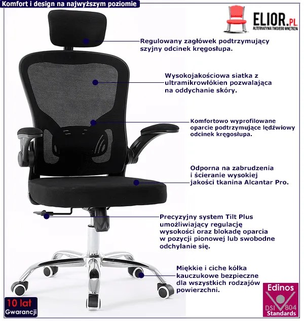 Ergonomiczny Fotel Czarny Biurowy Z Zagłówkiem Do Komputera C4-M35