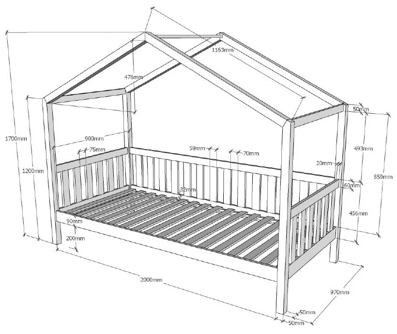 Białe dziecięce łóżko w kształcie domku z drewna sosnowego Vipack Dallas, 90x200 cm