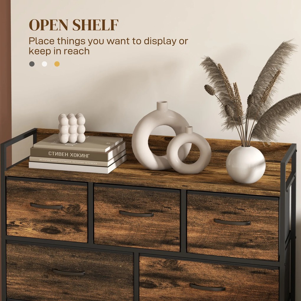 HOMCOM Komoda z 7 Szufladami z Tkaniny, Design Industrialny, Stalowa Rama, 98x29x85cm, Brąz/Czarny