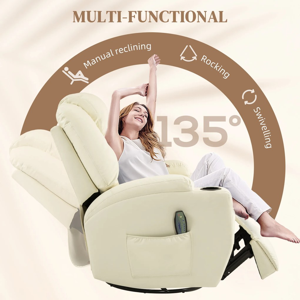 HOMCOM Fotel relaksacyjny z masażem obrotowy regulowane oparcie ekoskóra kremowy do 150 kg | Aosom PL