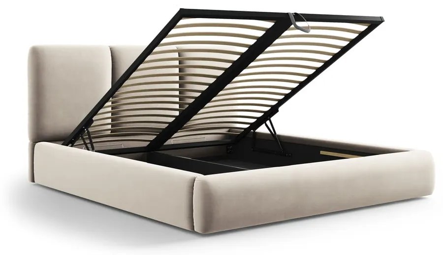 Kremowe aksamitne tapicerowane łóżko dwuosobowe ze schowkiem i stelażem 180x200 cm Brody – Mazzini Beds