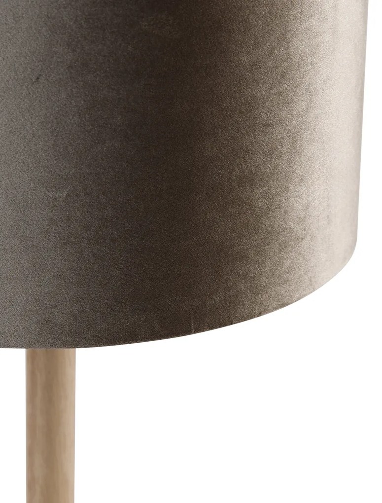 Lampa stołowa drewniana z aksamitnym abażurem taupe 35 cm - Mels Rustykalny / Vintage Oswietlenie wewnetrzne