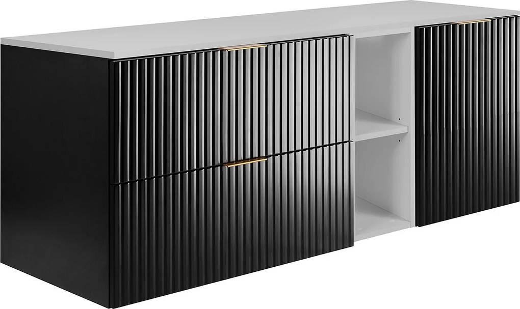 Zestaw łazienkowy: szafka z szufladami, szafka z drzwiami i regał 57×46×140 cm, kolor: biały / czarny, uchwyt złoty