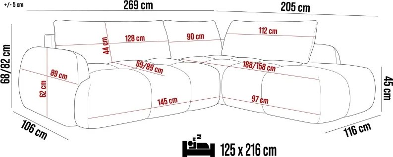 Narożnik WIND L z funkcją spania, poduszkami i pojemnikiem na pościel SALVADOR 01 WERSAL
