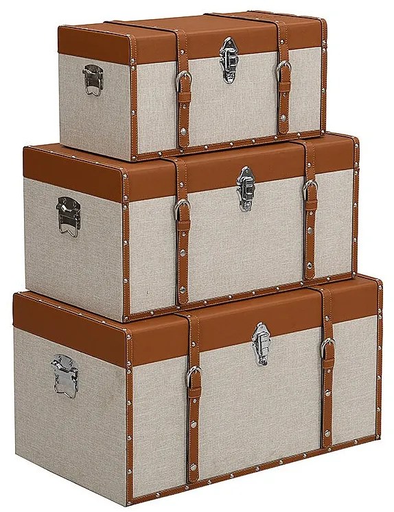 Zestaw 3 kuferków z drewna sosnowego i MDF – pokrycie ze skóry ekologicznej i tkaniny – 3 rozmiary – brązowy i taupe – JACINTO