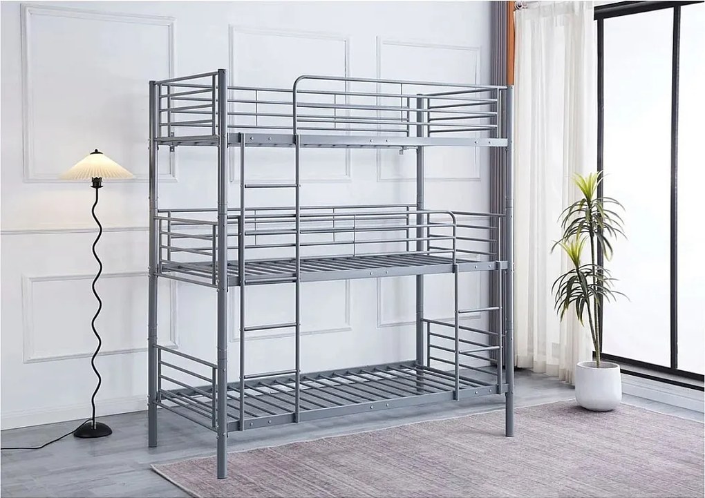 Łóżko piętrowe HAVIN Triple Metal - 90 x 190 cm - Szare
