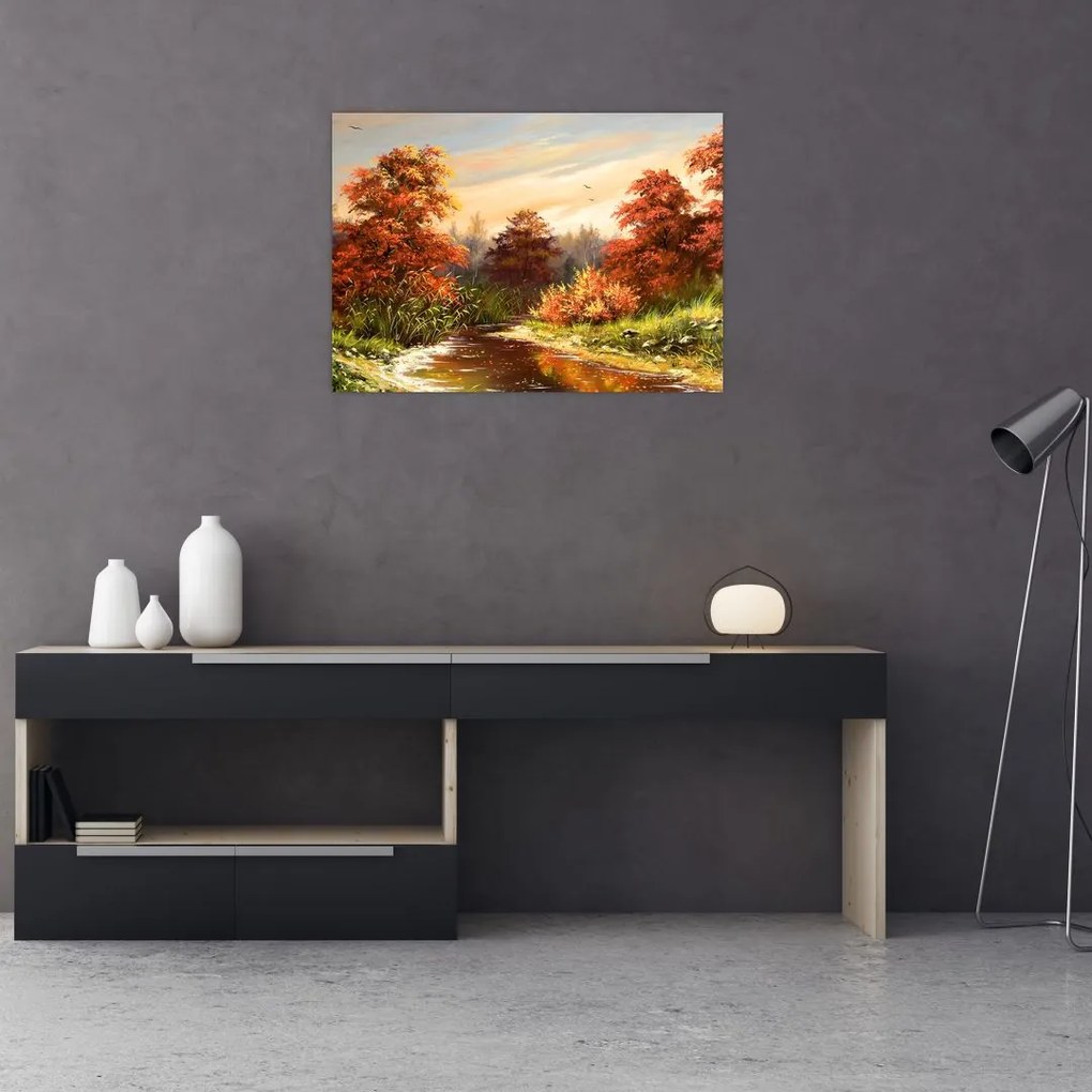 Obraz na szkle rzeki w jesiennym krajobrazie, obraz olejny (70x50 cm)