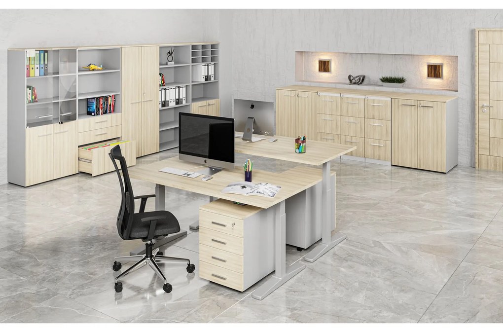 Szafa biurowa kombinowana PRIMO GRAY, drzwi na 3 poziomach, 800 x 420 x 2128 mm, szary/dąb naturalny