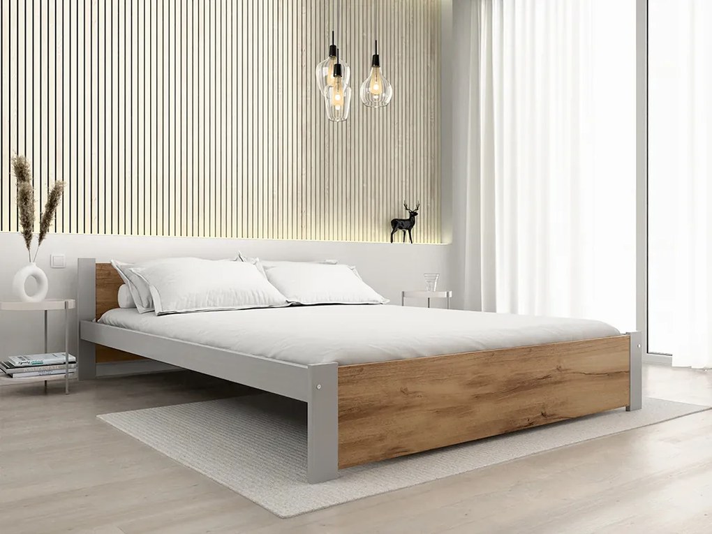 Łóżko IKAROS 140 x 200 cm, dąb artisan/szary Stelaż: Ze stelażem listwowym rolowanym, Materac: Materac Somnia 18 cm