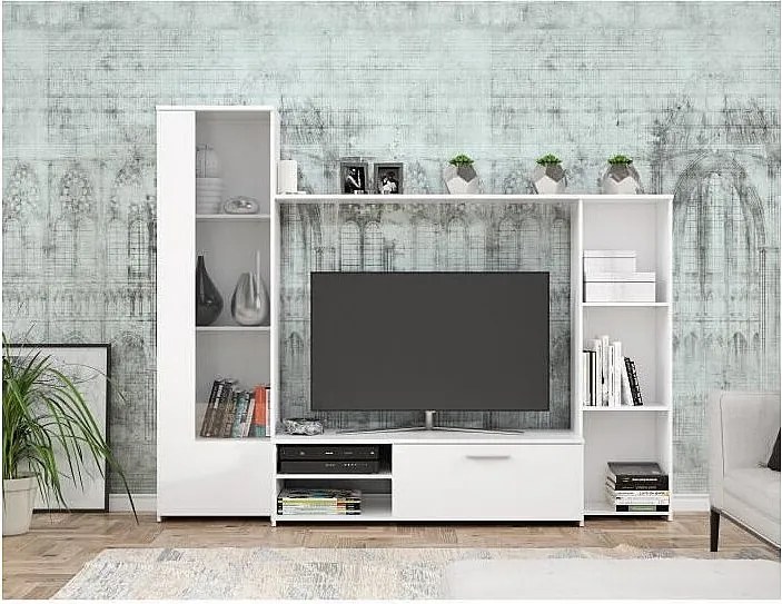 Mebel RTV PILVI Matowa Biel 220x41x177,5 cm z Półkami i Przechowywaniem z Drewna