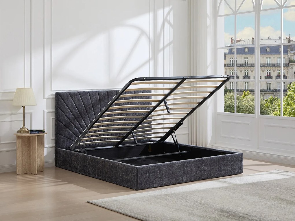Łóżko ze skrzynią  140 x 190 cm - Tkanina teksturowana - Kolor antracytowy - RIBIOLA