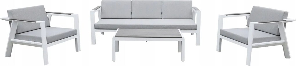 Zestaw mebli ogrodowych biały aluminium sofa fotele stolik drewniane detale