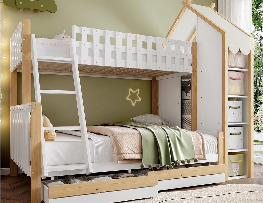 Łóżko piętrowe 90x200cm + 140x200cm - z drabiną - 2 szuflady - z półką - biały + naturalny (materac nie jest w zestawie)