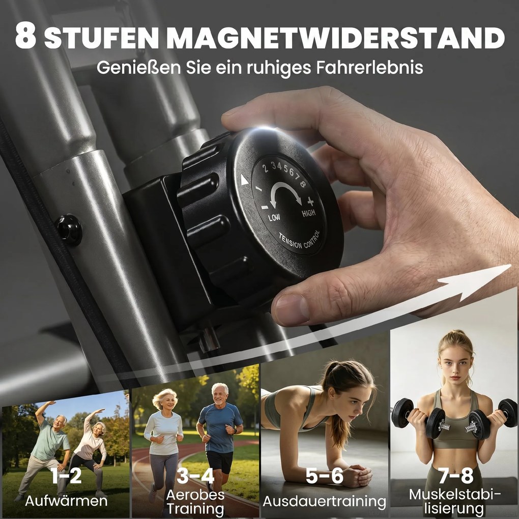 SPORTNOW Rower treningowy 3 w 1 Składany Cichy Leżący ergometr z monitorem LCD Bluetooth Czujnik tętna Taśmy oporowe | Aosom PL