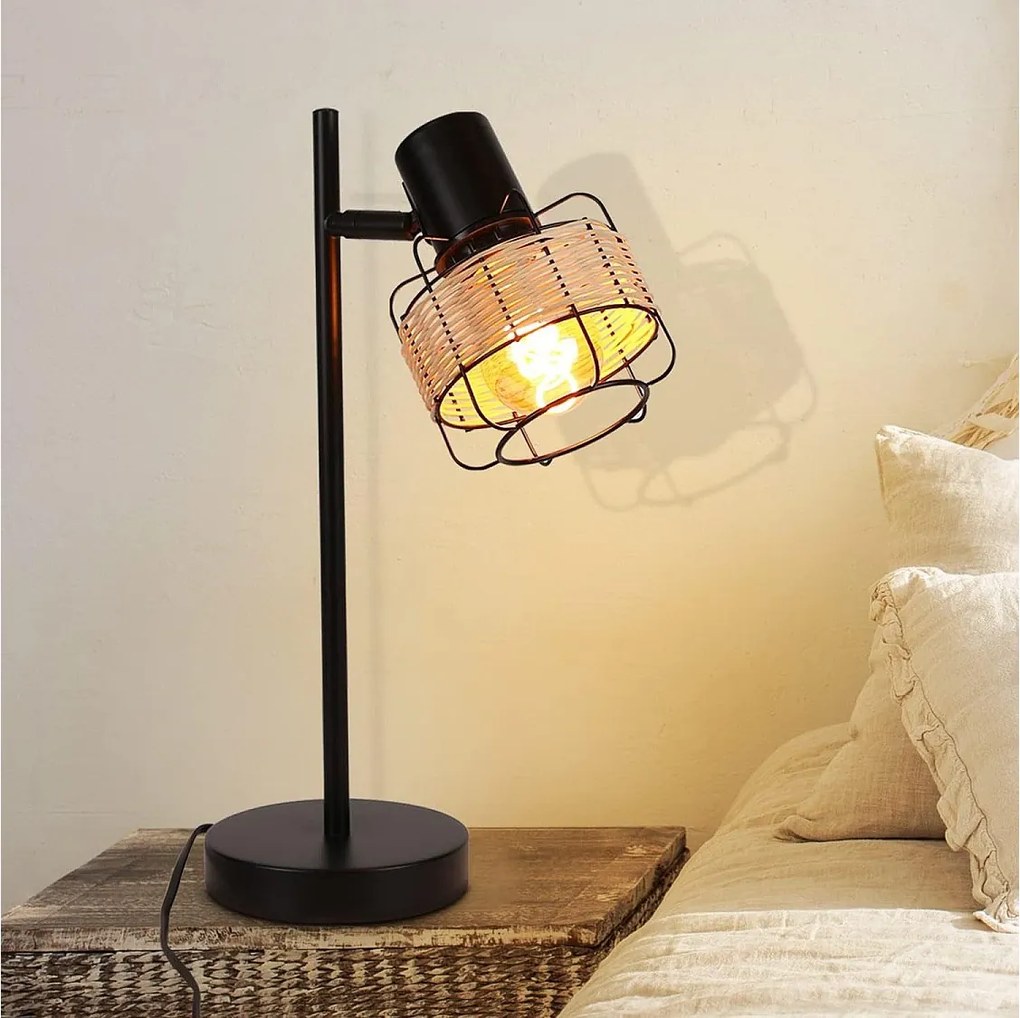 NETTLIFE lampa stołowa vintage lampka nocna lampa retro czarna salon rattan metal E27