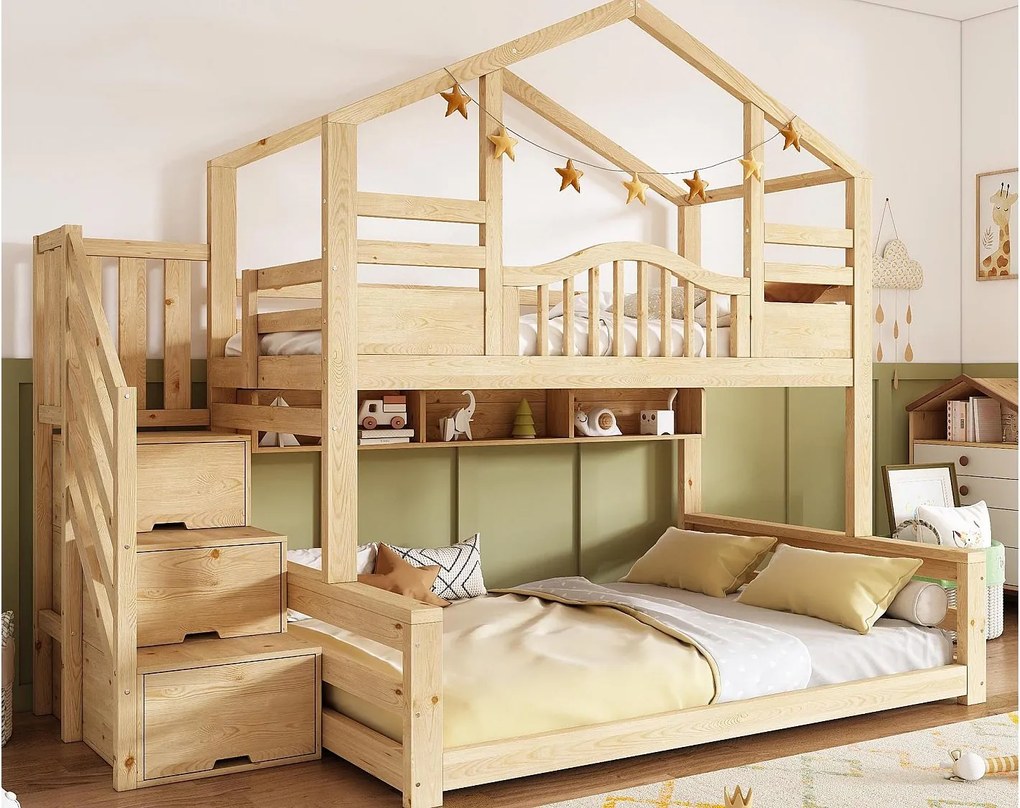 Łóżko piętrowe 90x200cm + 140x200cm - projekt domku - z drabiną z pojemnikami i półkami - Lite drewno + MDF - Naturalny​ (bez materaca)