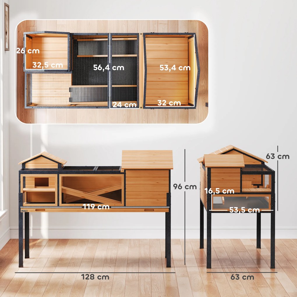 PawHut Domek dla żółwia, wybieg dla małych zwierząt, 2 pomieszczenia, 2 piętra, okna, rampy, akcesoria, drewno, stal, Żółty