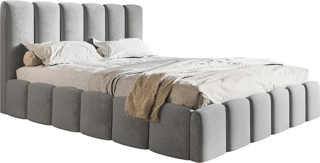 Łóżko tapicerowane 140x200 Palermo - pojemnik i stelaż, tkanina aksamitna, jasny szary (Jasmine 90)