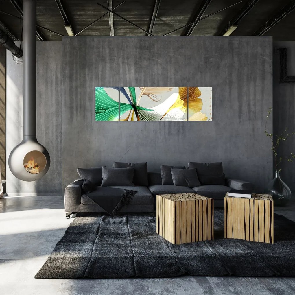Obraz - Liście z piórami (170x50 cm)