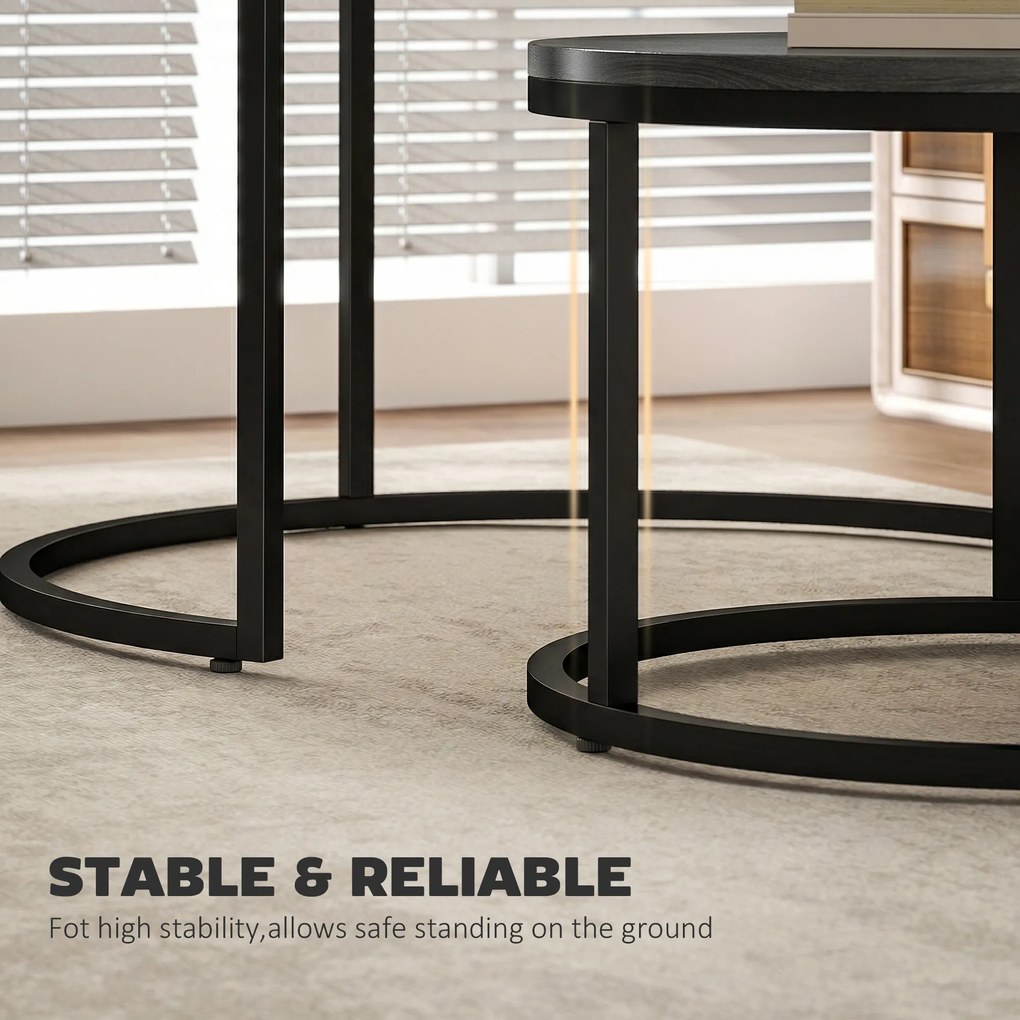 HOMCOM Nowoczesny zestaw stolików kawowych 2 szt., Piętrowe stoliki boczne z metalową ramą do salonu, sypialni, biura, Czarny | Aosom PL