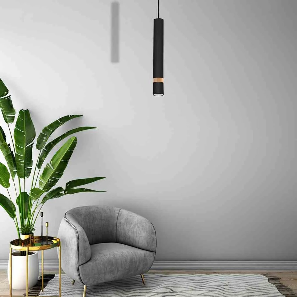 Lampa wisząca, czarna, drewno, tuba, JOKER BLACK/WOOD 1xGU10