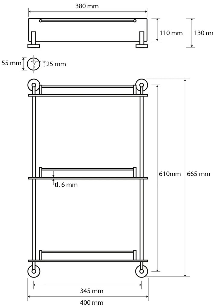 SAPHO XR608 X-Round E potrójna szklana półka zsyfonem 38 x 67,5 x 13 cm