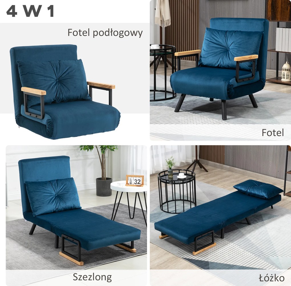 HOMCOM Aksamitny Fotel Relaksacyjny - Funkcja Leżanki, Niebieski Kolor, 63x73x81cm - Wygoda na Co Dzień | Aosom PL
