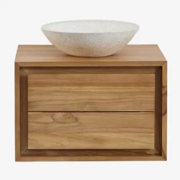 Zestaw Wiszących Mebli Łazienkowych Z Drewna Tekowego Jabari Drewno Tekowe & Cement Okrągły Biały Ø40 Cm Zavion & Bezlusterkowiec & Bez Kranu - Sklum