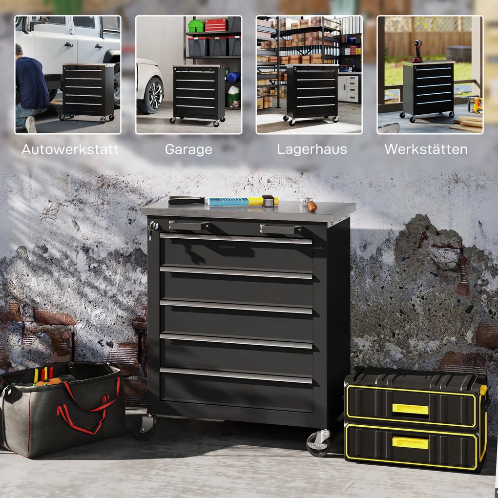 HOMCOM Szafka narzędziowa z 5 szufladami, przenośna skrzynia narzędziowa na kółkach, wózek narzędziowy ze stali, odcień srebra+czarny