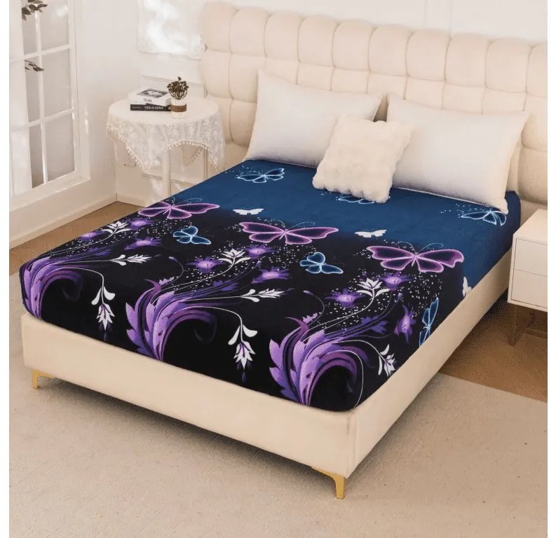 PrzytulneMieszkanie.pl Prześcieradło z mikropluszu VIOLET BUTTERFLY 200x200 cm ciemnoniebieskie