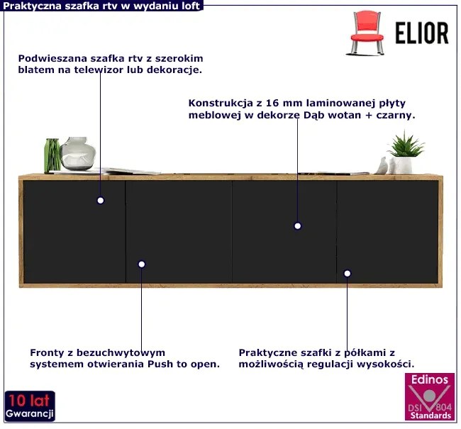 Ścienna szafka rtv dąb wotan + czarny F7-K69