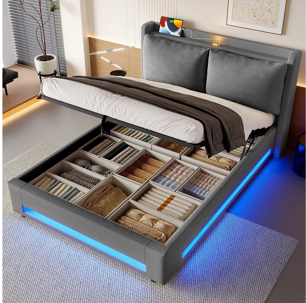 Łóżko z pojemnikiem 140x190 cm, łóżko dla dorosłych z USB i LED, tapicerowany zagłówek - szary aksamit (bez materaca)