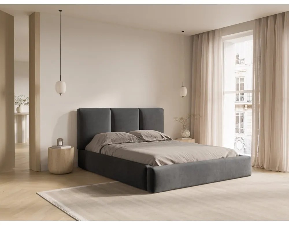 Ciemnoszare aksamitne tapicerowane łóżko dwuosobowe ze schowkiem i stelażem 140x200 cm Brody – Mazzini Beds