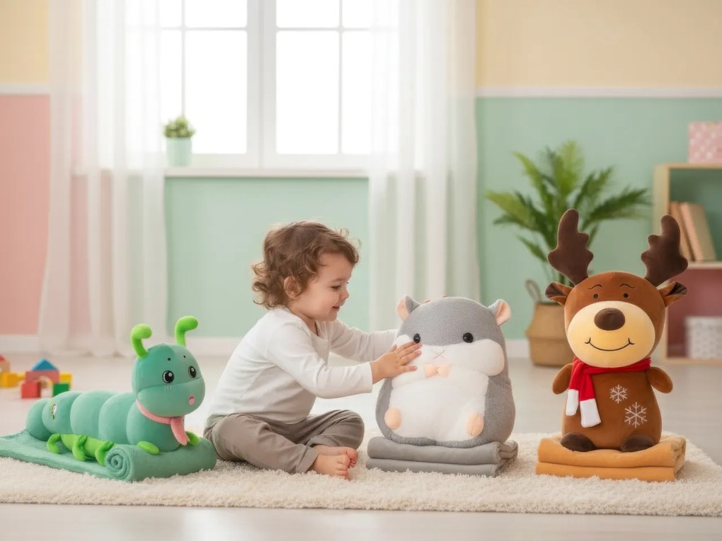 Pluszowy CHOMIK z dziecięcym kocykiem w środku, szary