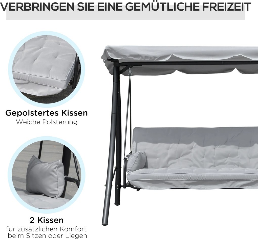 Outsunny huśtawka z dachem, huśtawka ogrodowa, Ławka bujana z funkcją leżenia, 3-osobowa, metal + poliester, biały, 209x114x170 cm