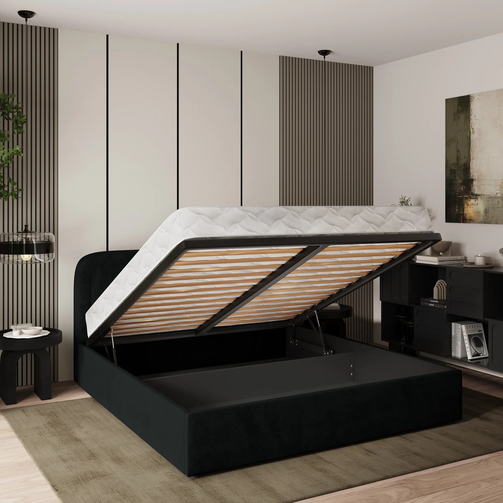 Masseno Łóżko tapicerowane BENIRA z pojemnikiem na pościel 160x200 cm - Czarny, KRONOS 07