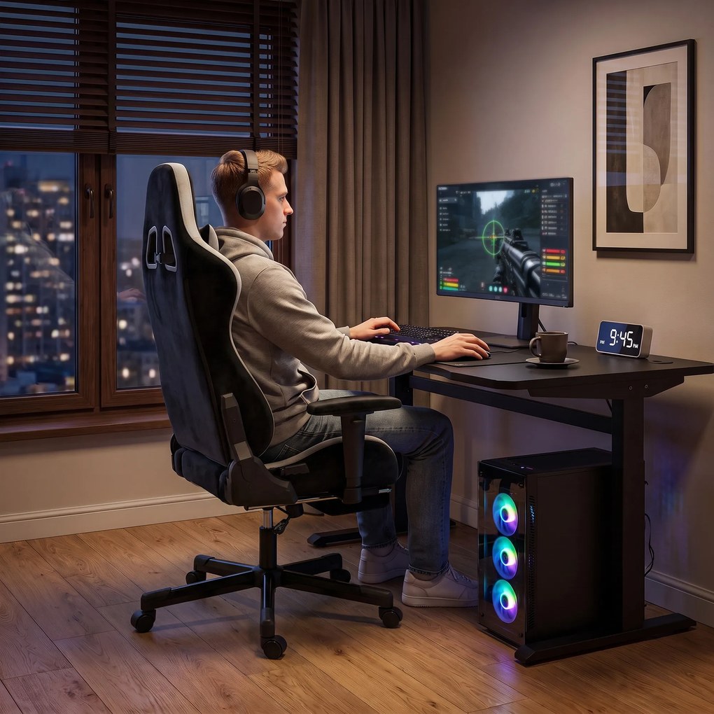 HOMCOM Fotel gamingowy z poduszką lędźwiową z masażem i ogrzewaniem, ergonomiczny, tkanina w wyglądzie lnu, 4D podłokietniki, zagłówek, Schwarz | Aosom PL