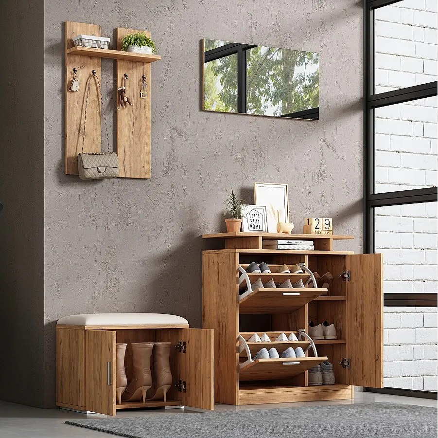 Komplet szaf wnękowych do przedpokoju - 140 x 35 x 133 cm - z ławką i szafką na buty + 1 lustro + półka ścienna - płyta wiórowa - naturalny